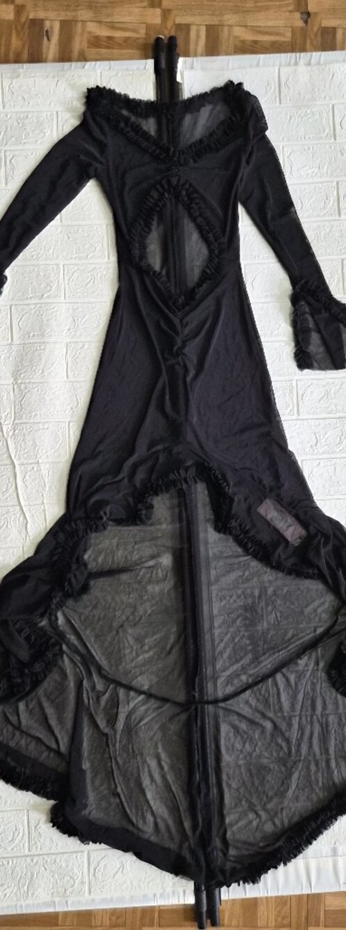 Black long slv sheer maxi dress ruffle trim V-neck oval cut-out Drama Train Sz S